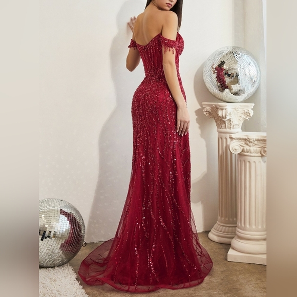 Pink,Red,green,blue,black,gold, Off the shoulder long sequin gown with leg slit - Picture 5 of 14